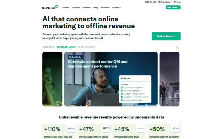 Invoca — AI call tracking — hard metrics above the fold, demo CTA never far away.